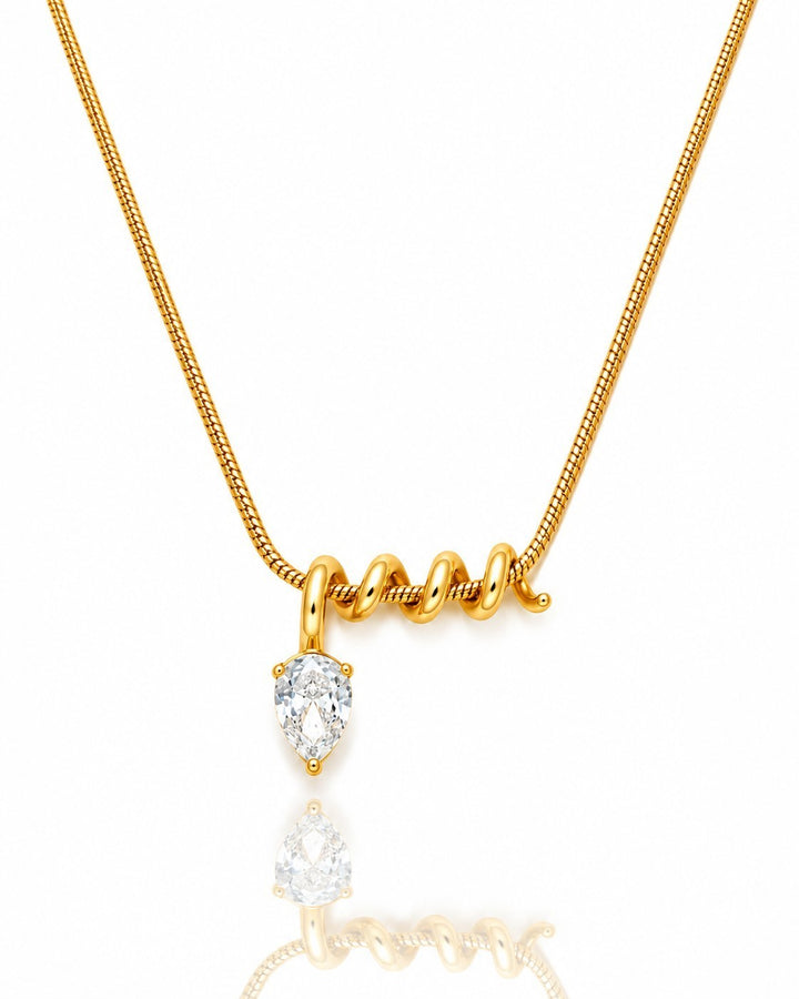 Elli Jewellery gold plated necklace featuring a pear shaped diamante crystal pendant on a spiral coil detail chain