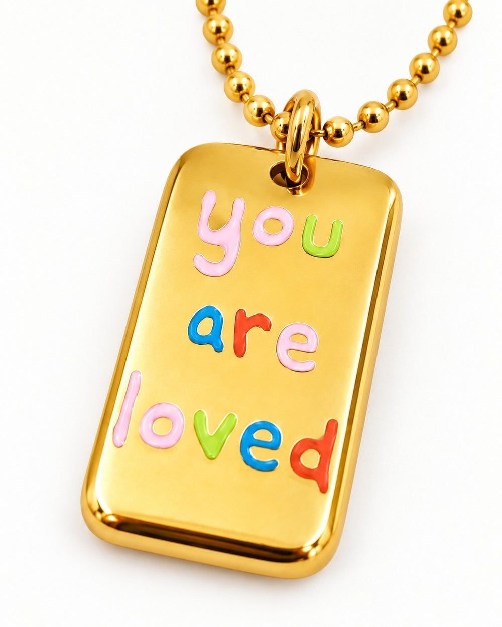 Elli Jewellery gold plated rectangular pendant necklace with colorful engraved You Are Loved text on a ball chain