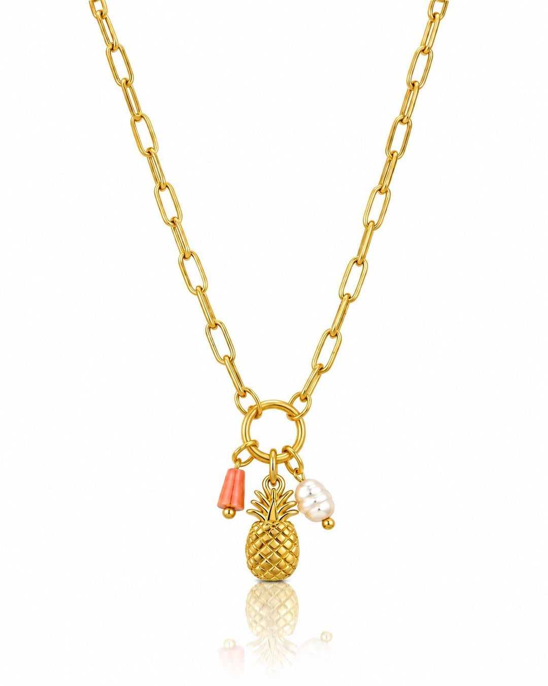 Elli Jewellery gold plated pineapple pendant necklace with coral and pearl charms on a chunky link chain