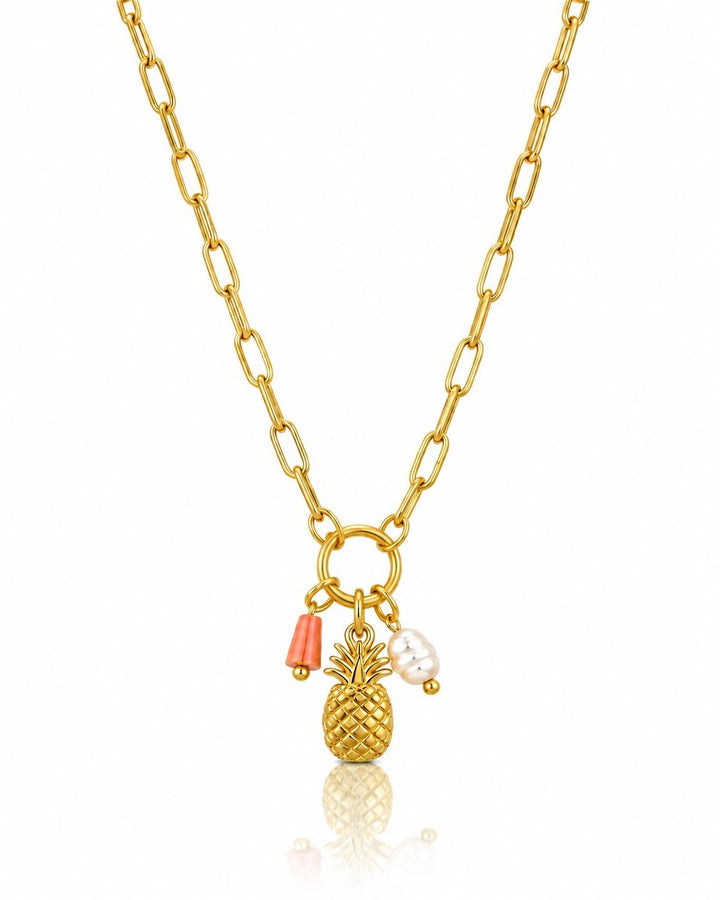 Elli Jewellery gold plated pineapple pendant necklace with coral and pearl charms on a chunky link chain