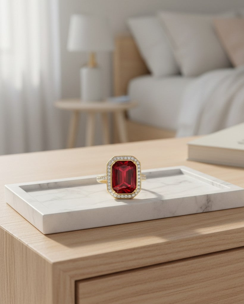 Elli Jewellery gold plated chunky ring featuring a large rectangular red crystal surrounded by small white stones.