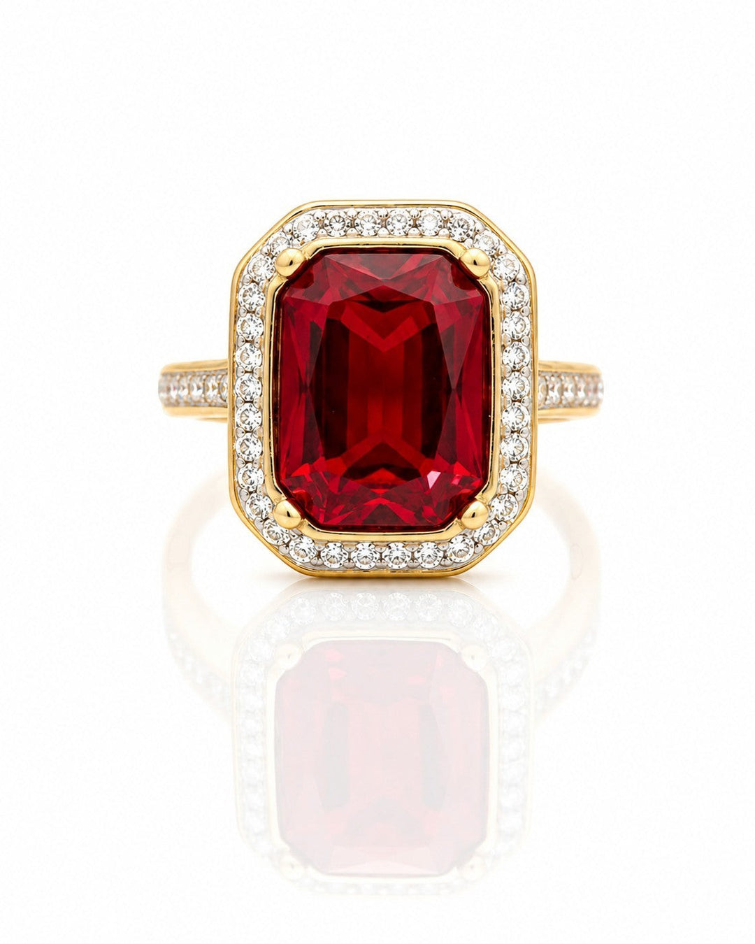 Elli Jewellery gold plated statement ring featuring a large rectangular red crystal surrounded by sparkling stones.