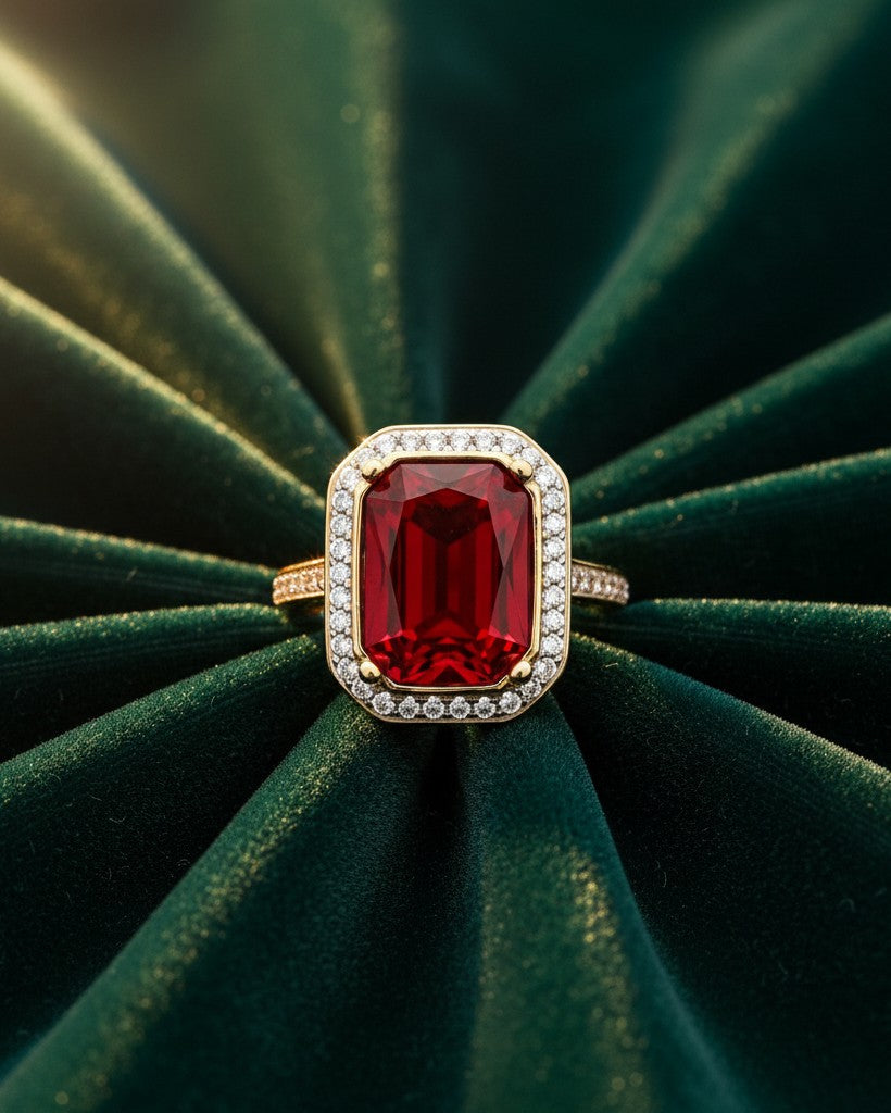 Elli Jewellery gold plated chunky ring featuring a large rectangular red crystal surrounded by a halo of small stones.