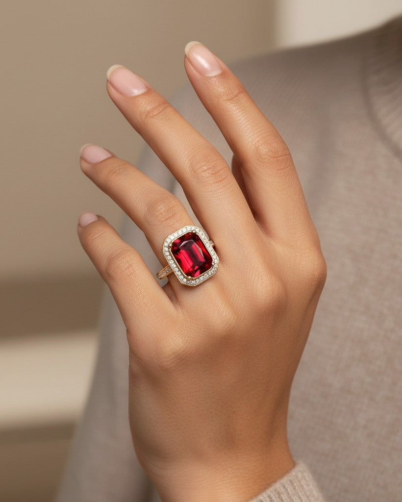 Elli Jewellery gold plated chunky ring featuring a large rectangular red crystal surrounded by small white stones.