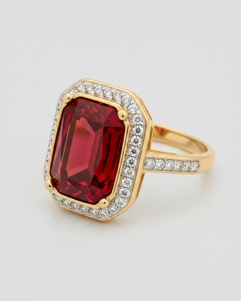 Elli Jewellery gold plated chunky ring with a large rectangular red crystal surrounded by small white stones.