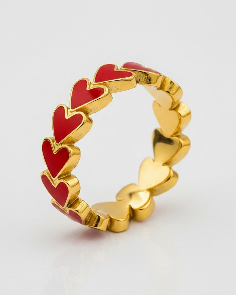 Elli Jewellery gold plated ring featuring a cluster of vibrant red enamel hearts in a glossy finish.