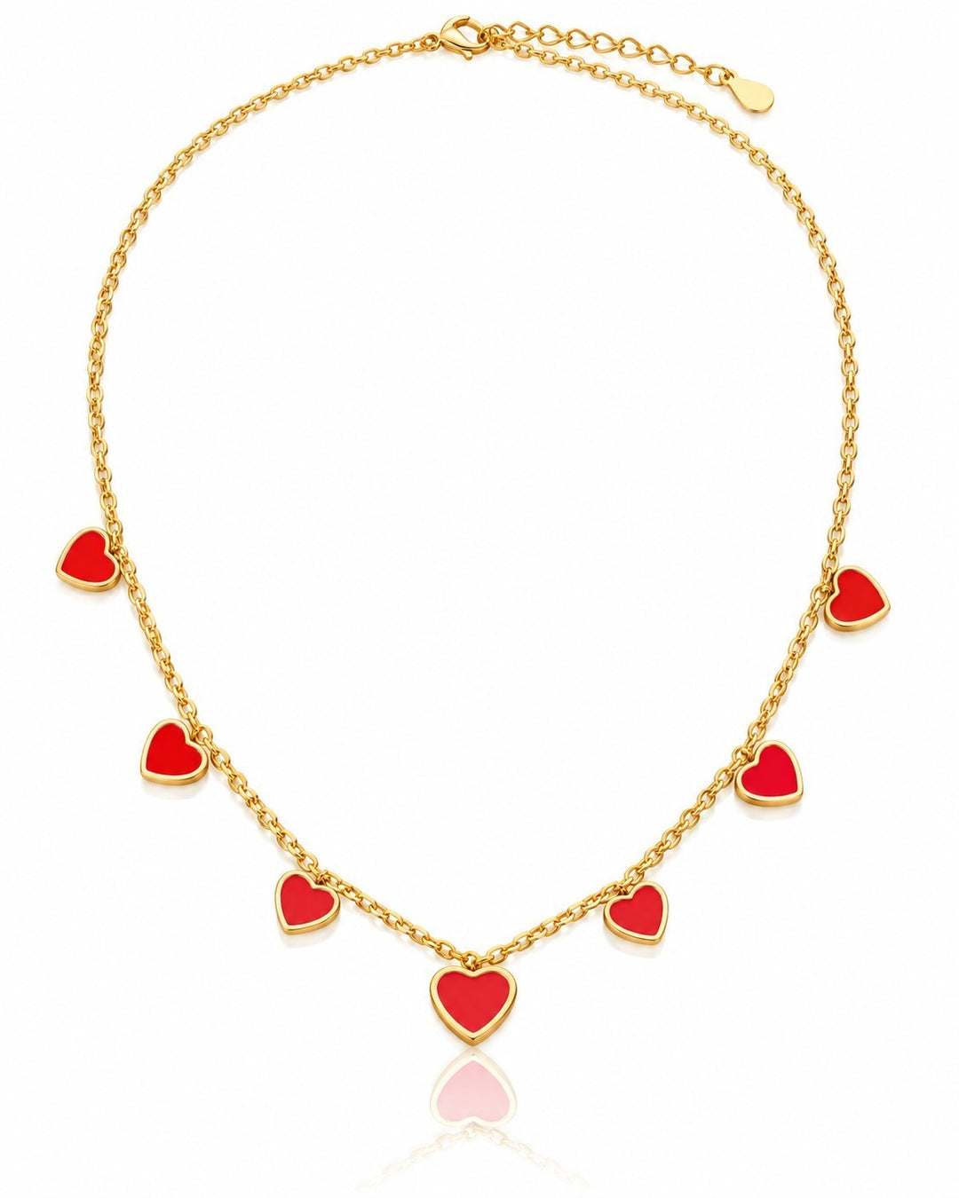 Elli Jewellery gold plated necklace featuring multiple small ruby red heart charms on a delicate chain