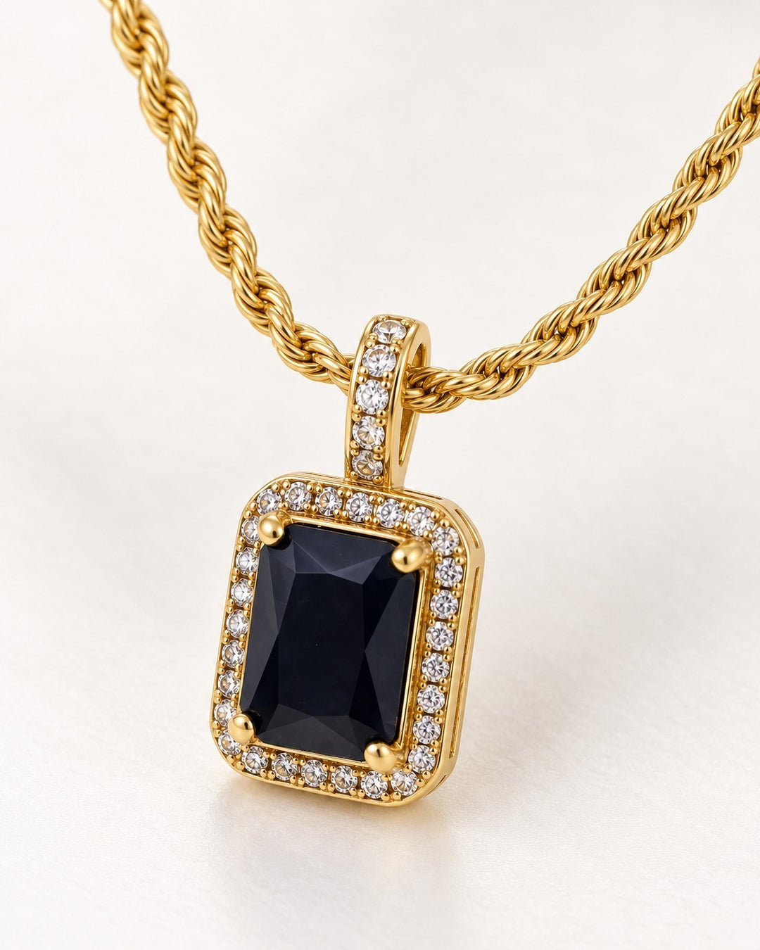 Elli Jewellery gold plated rope chain necklace featuring a rectangular black cubic zirconia pendant with crystal halo