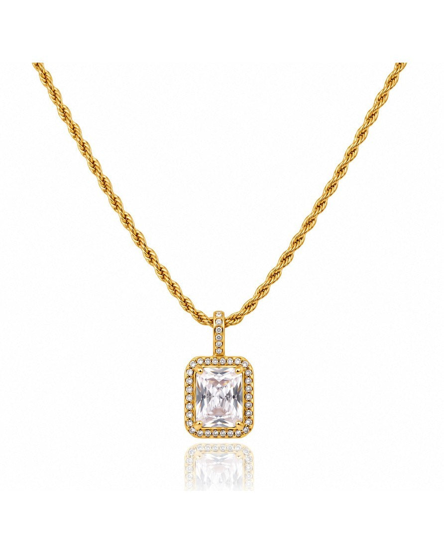 Elli Jewellery gold plated rope chain necklace with a rectangular clear cubic zirconia halo pendant