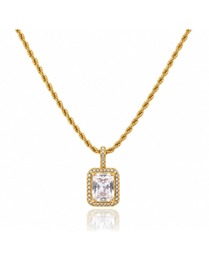 Elli Jewellery gold plated rope chain necklace with a rectangular clear cubic zirconia halo pendant