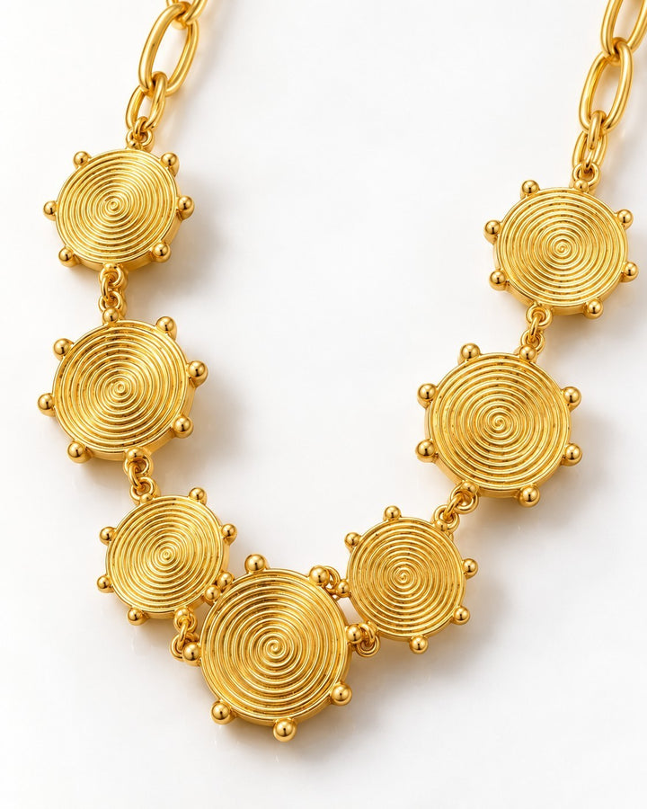 Elli Jewellery gold plated waterproof necklace featuring geometric spiral circle links in a statement chain design.