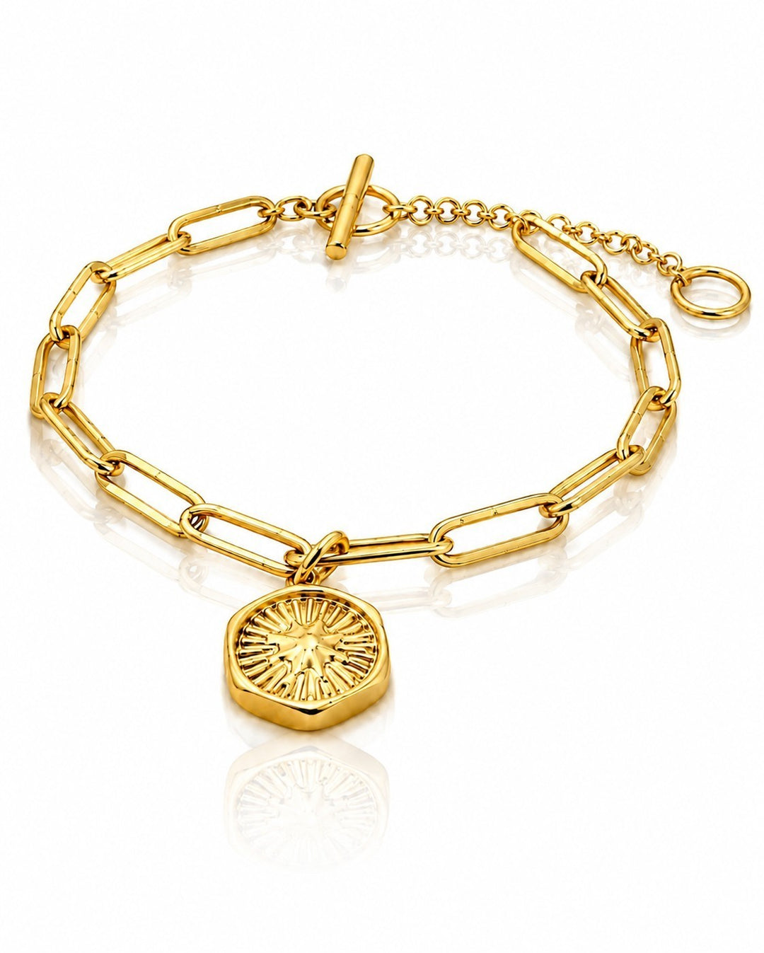 Elli Jewellery gold plated waterproof bracelet featuring a celestial starburst charm on a delicate paperclip chain.