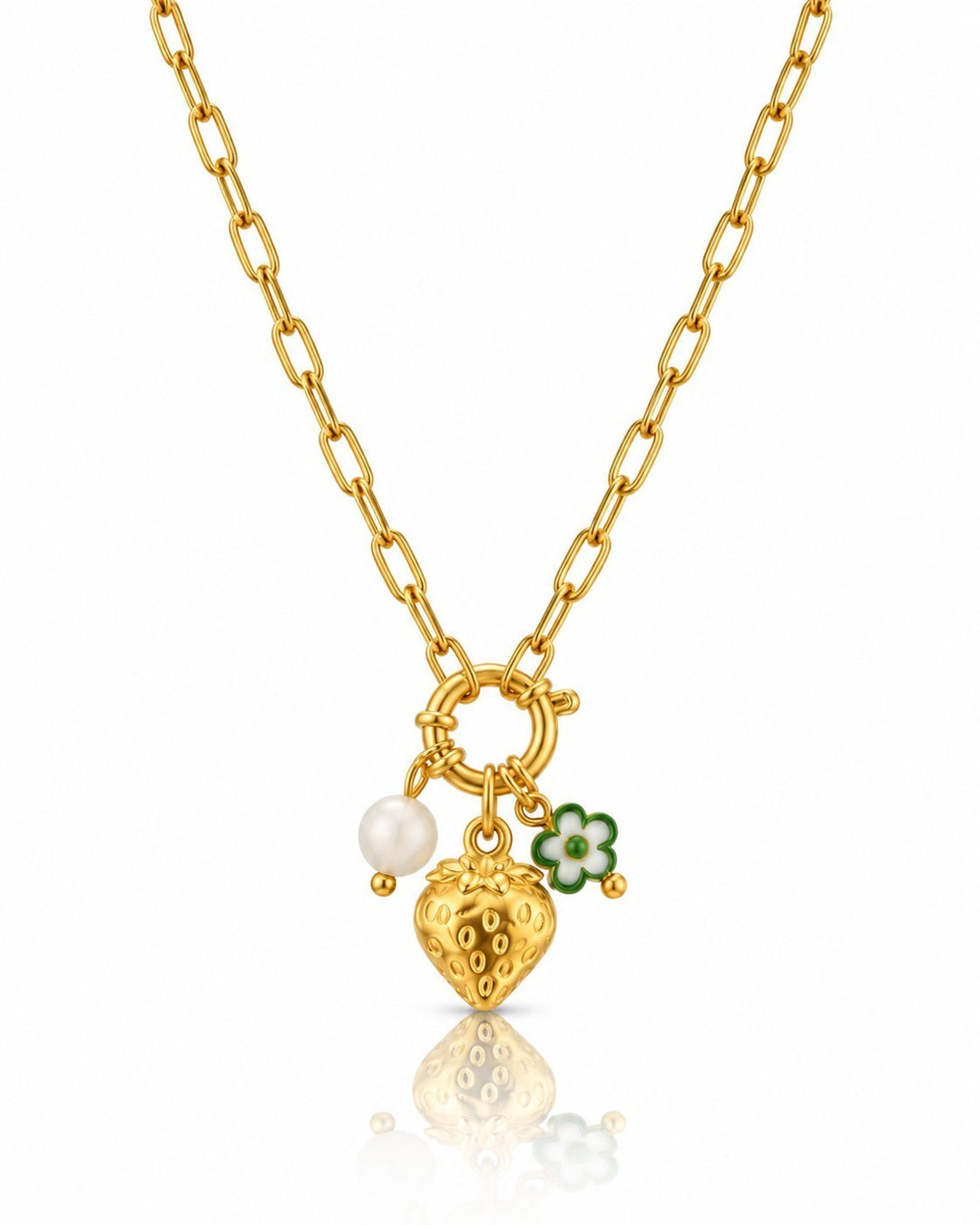 Elli Jewellery gold plated chain necklace featuring a strawberry charm, a small pearl, and a green and white flower.