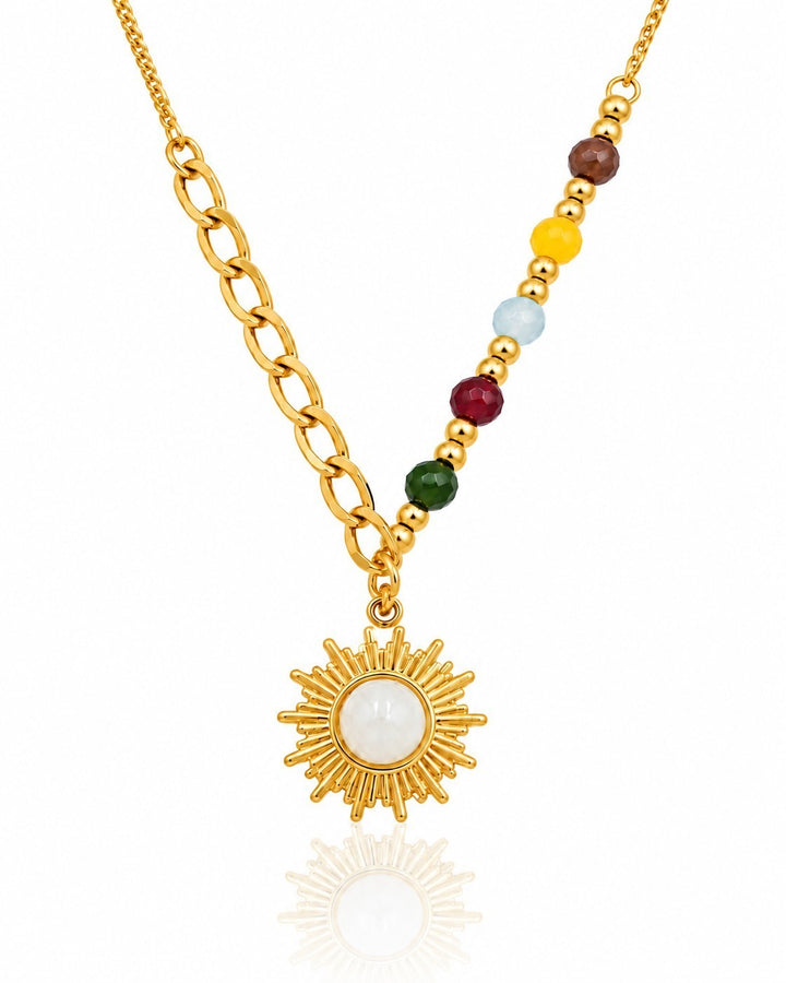 Elli Jewellery gold plated sunbeam pendant necklace with multicolour enamel beads and a central white stone