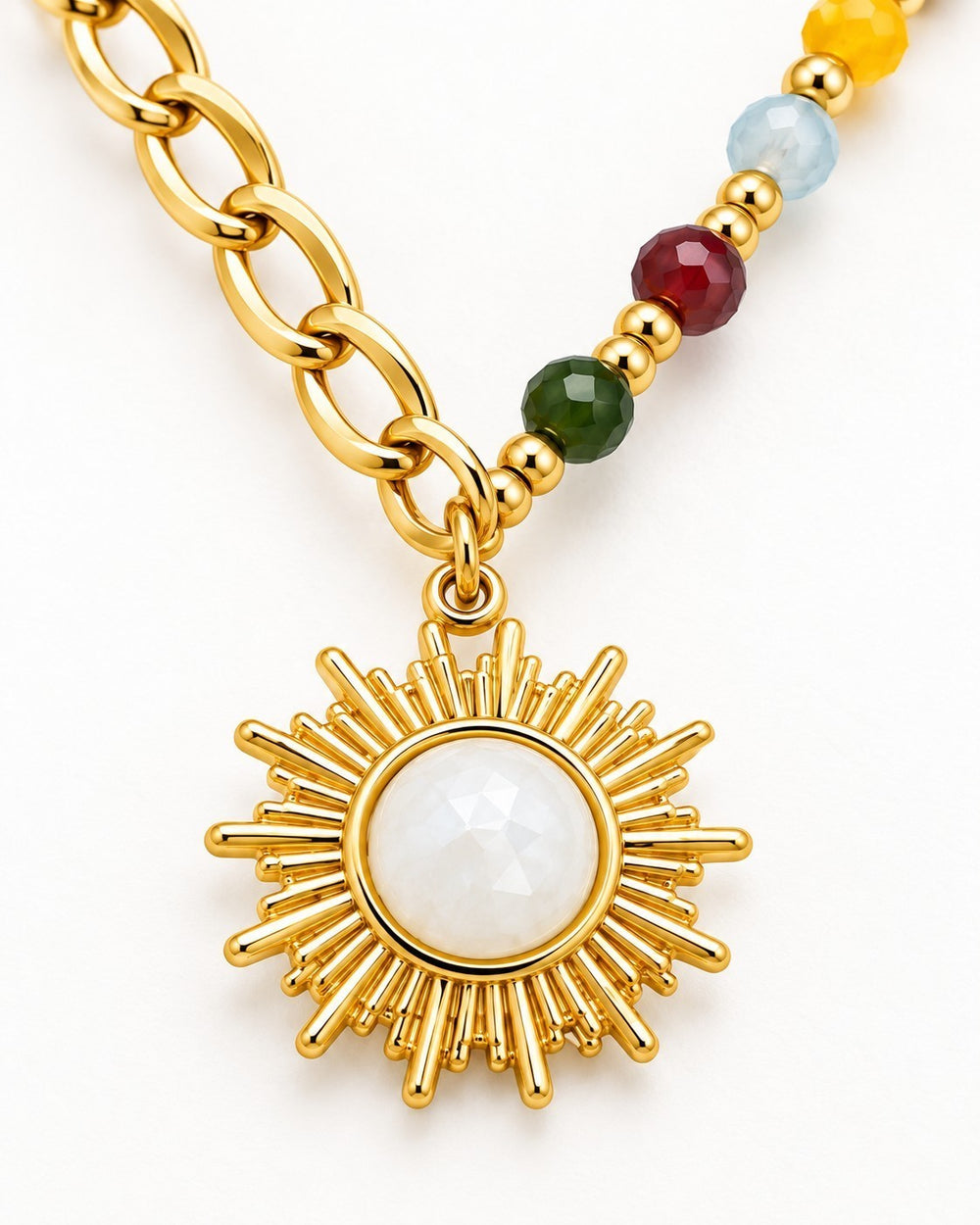 Elli Jewellery gold plated sunbeam pendant necklace featuring multicolour enamel beads on a chunky chain
