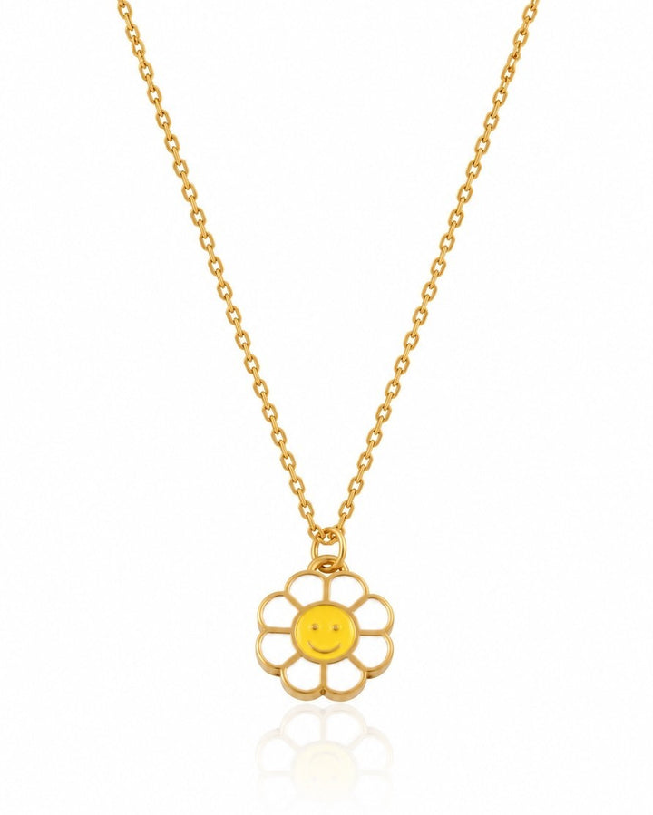 Elli Jewellery gold plated sunflower pendant necklace with a yellow smiley face center on a delicate chain