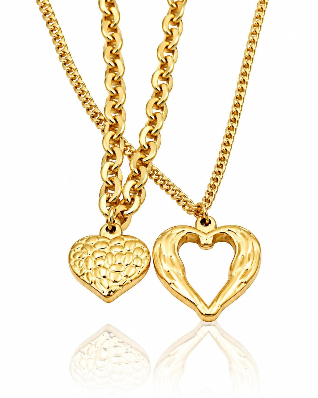 Elli Jewellery gold plated waterproof necklace featuring two heart pendants with textured and open-work designs.