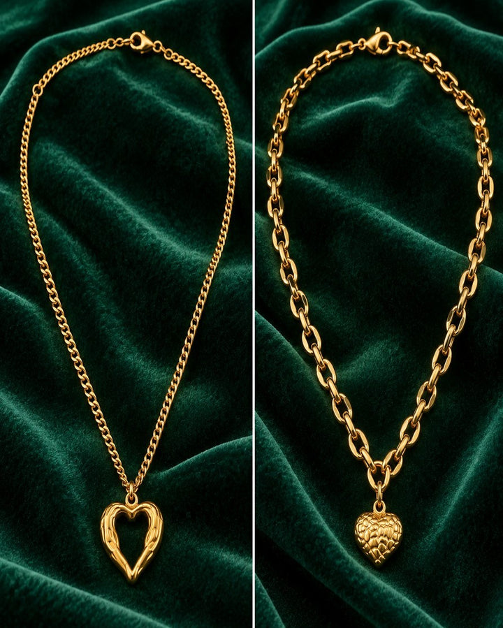 Elli Jewellery gold plated waterproof necklaces featuring textured heart pendants on green velvet background.