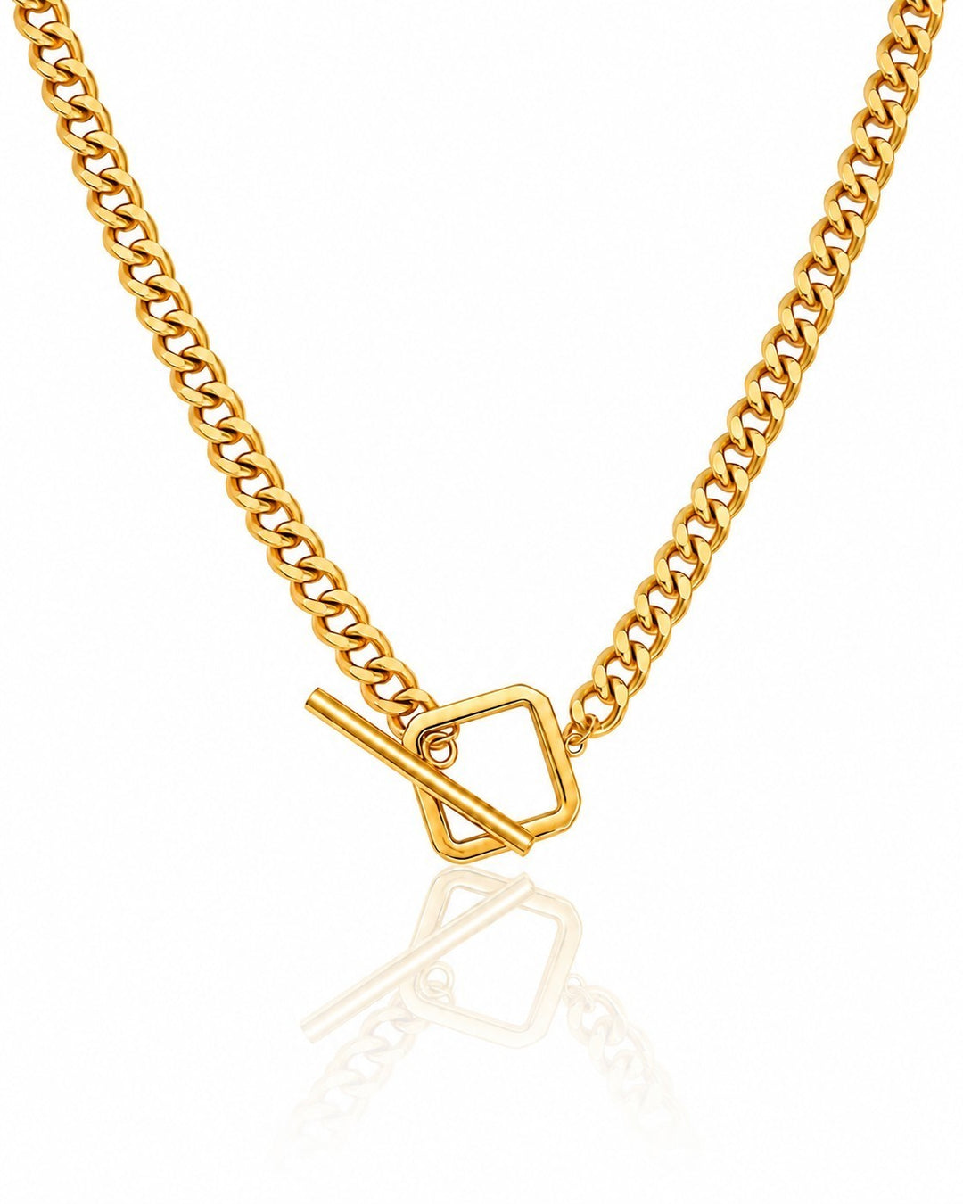 Elli Jewellery gold plated waterproof layered chain necklace with a square toggle clasp on a white background