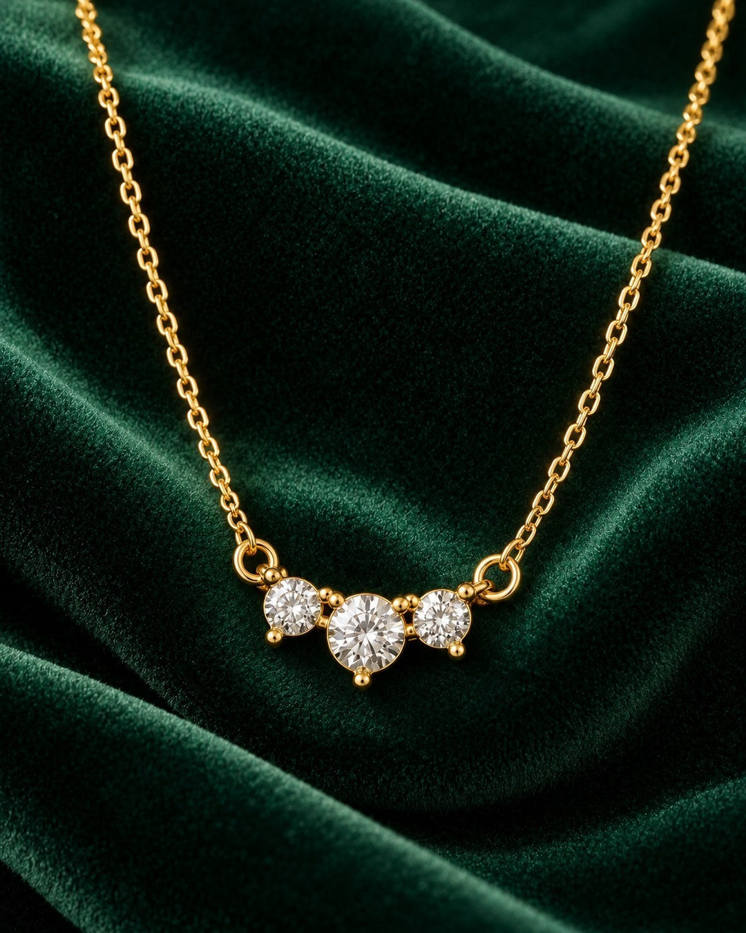 Elli Jewellery gold plated trilogy necklace featuring three brilliant-cut cubic zirconia stones on a delicate chain.