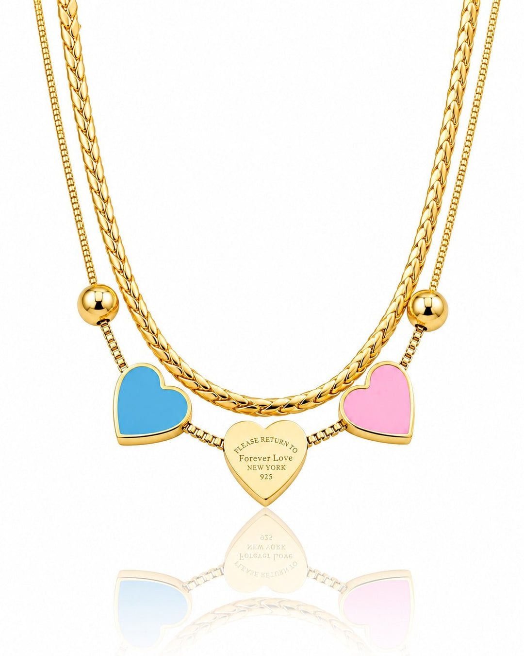 Elli Jewellery gold plated layered chain necklace featuring blue, pink, and engraved heart charms.