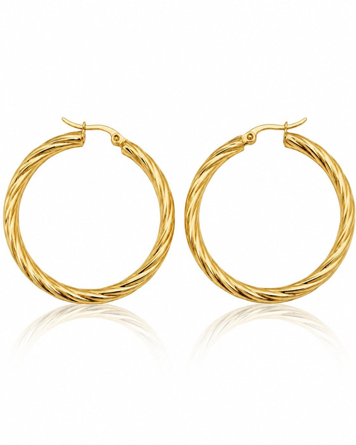 Elli Jewellery large gold-toned hoop earrings featuring a sophisticated twisted texture design