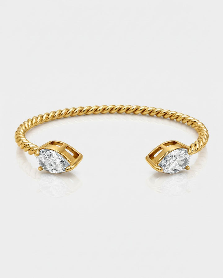 Elli Jewellery gold plated twisted rope cuff bracelet with two marquise-cut clear stones on an open-ended design.