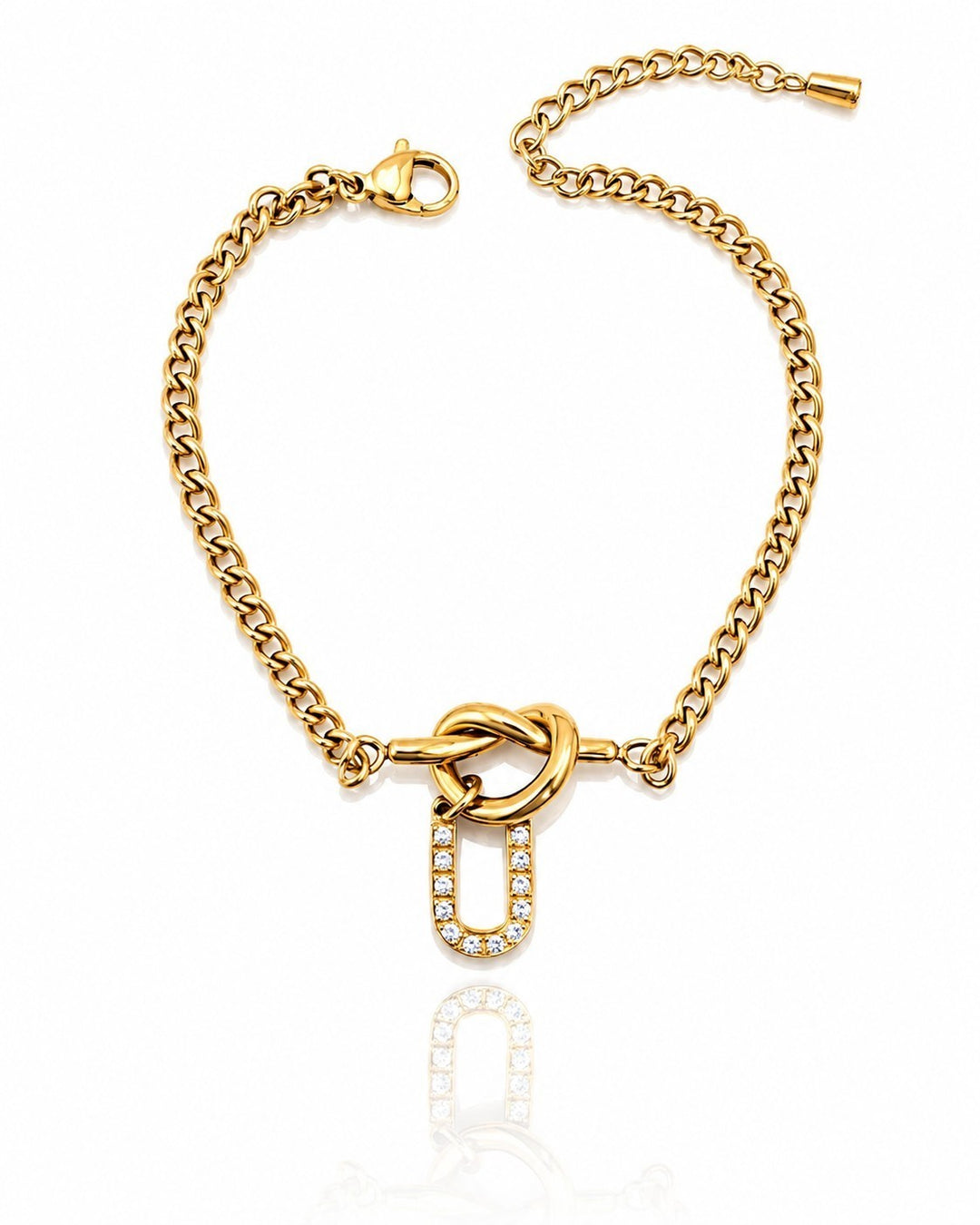 Elli Jewellery gold plated chain bracelet featuring a diamante U initial charm with a knot detail on a white background