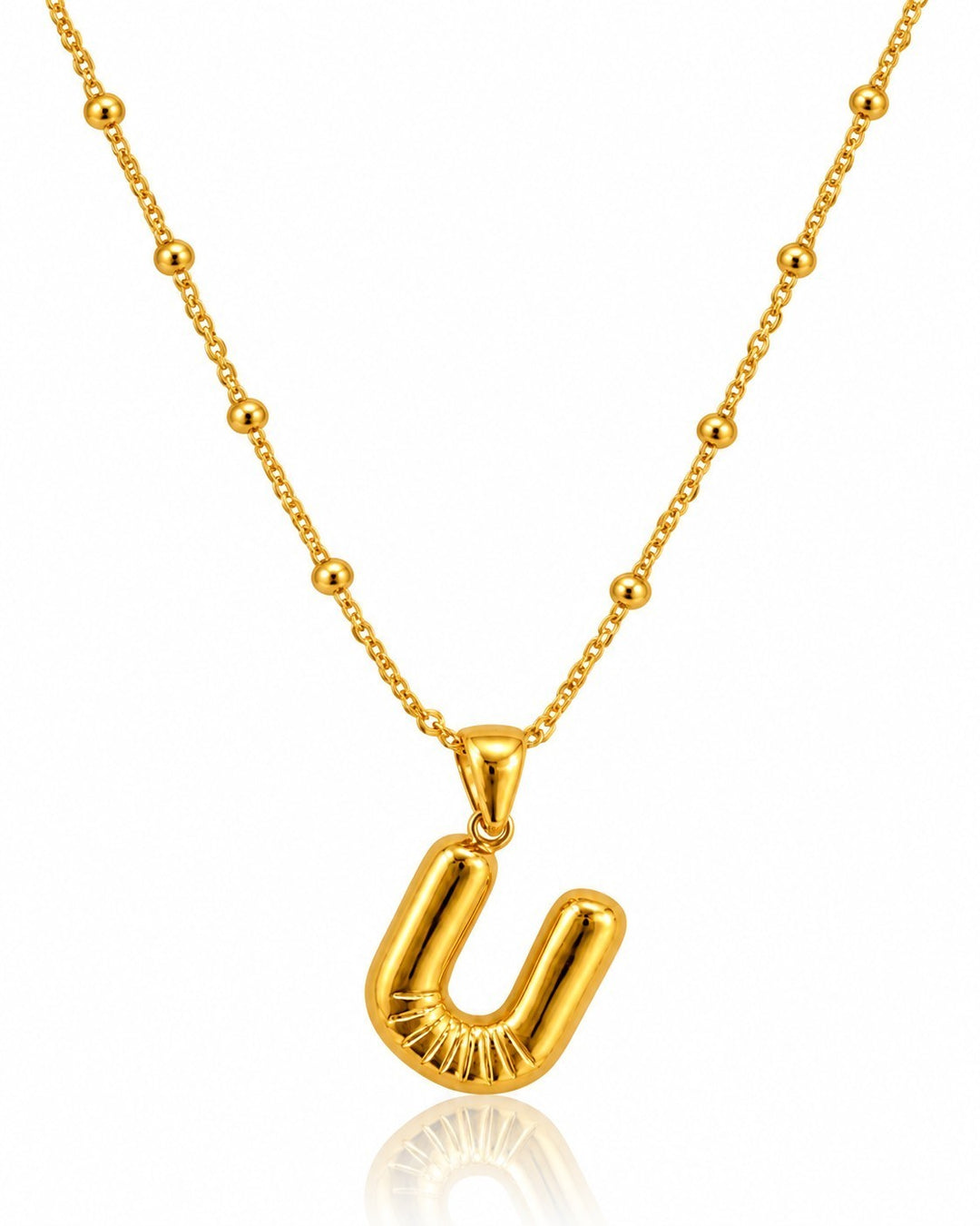 Elli Jewellery gold plated waterproof chunky chain necklace featuring a sculptural U initial pendant on a beaded chain