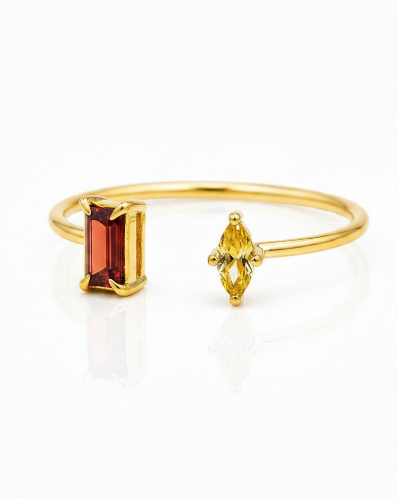 Elli Jewellery gold-plated open stacking ring featuring a rectangular red and marquise yellow zirconia stone.