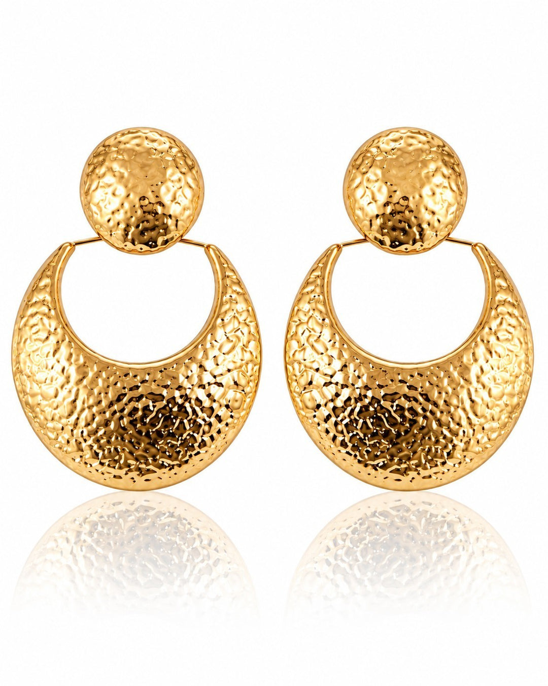 Elli Jewellery hammered 18ct gold plated crescent drop earrings with circular stud tops and textured finish.