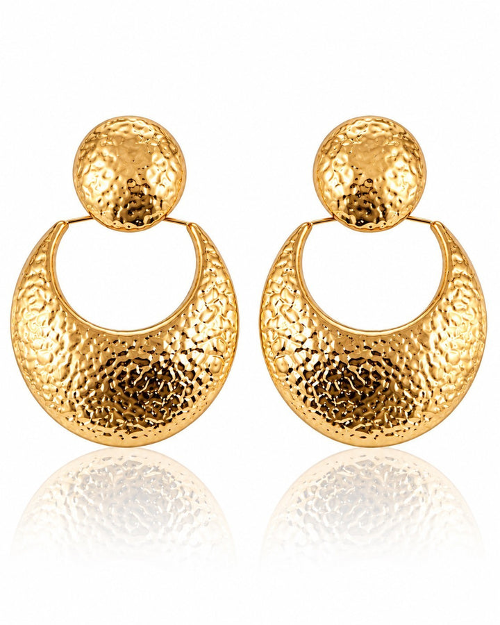 Elli Jewellery hammered 18ct gold plated crescent drop earrings with circular stud tops and textured finish.