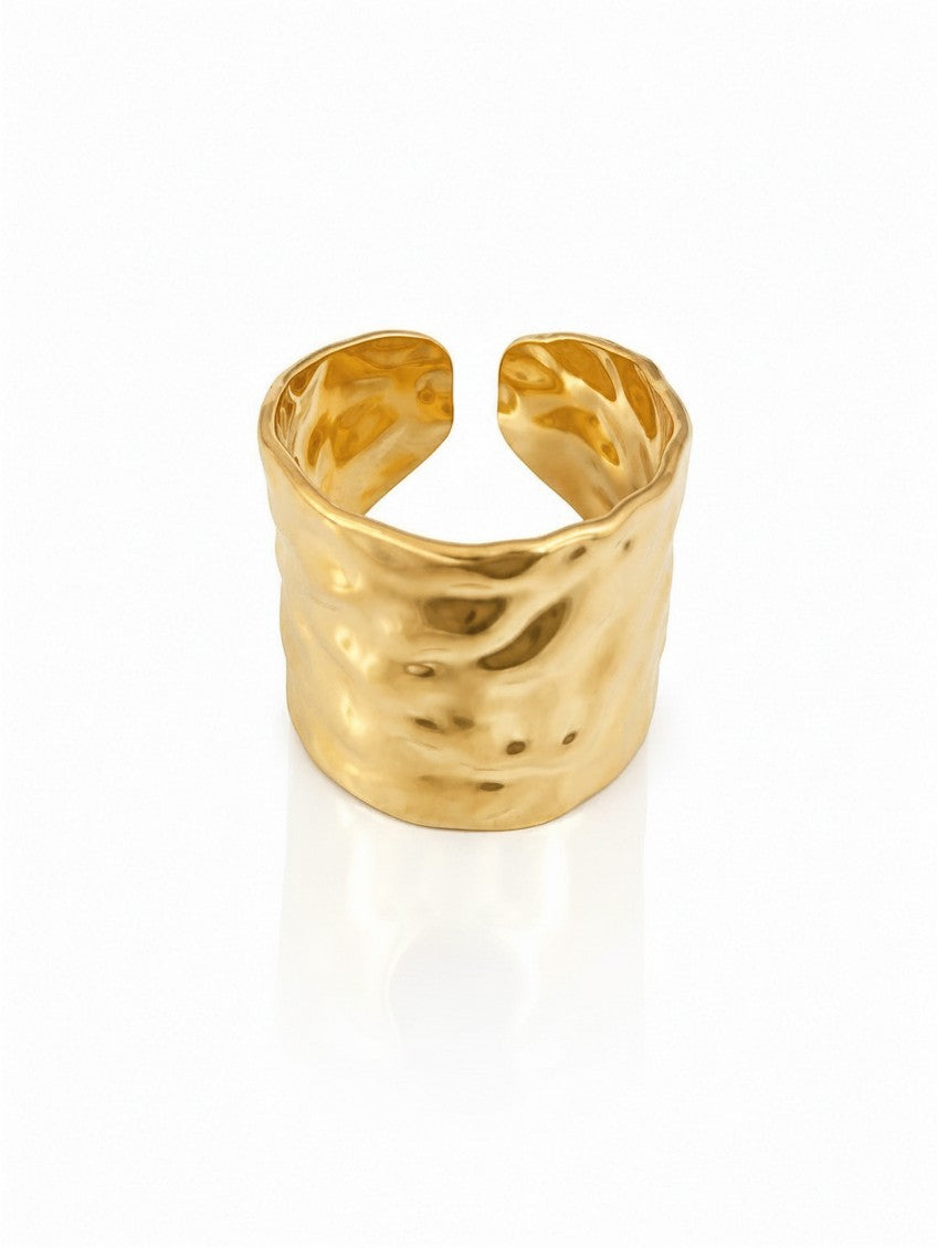 Elli Jewellery wide band ring in 18ct gold plated metal with a textured hammered surface and adjustable open back.