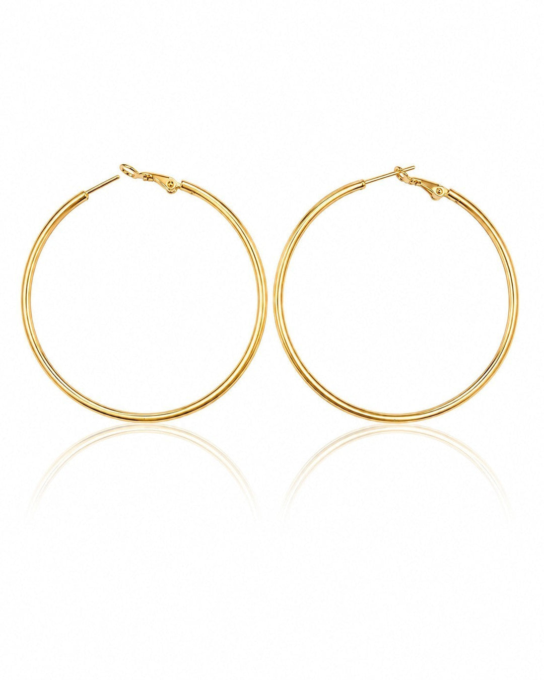 Elli Jewellery large smooth 18ct gold plated hoop earrings with a polished finish on a white background.