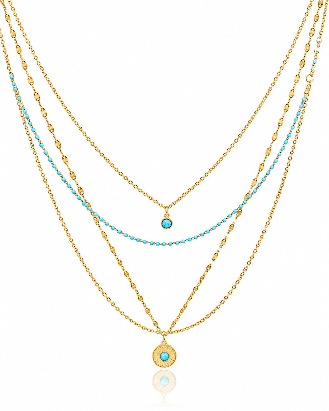 Elli Jewellery layered gold plated necklace featuring delicate chains with turquoise beads and a round pendant