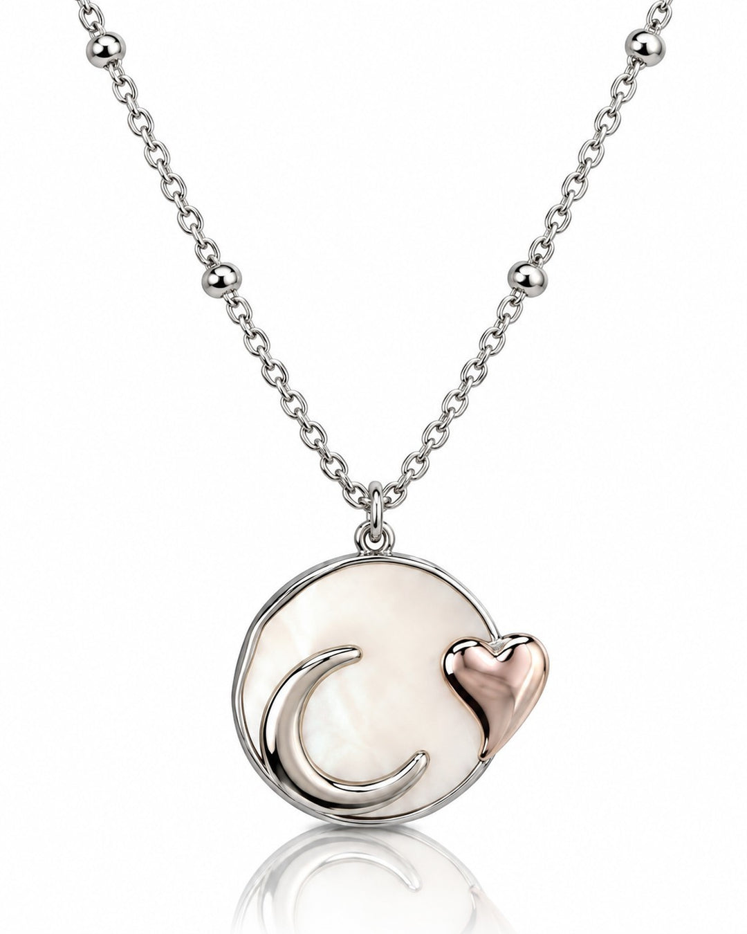 Elli Jewellery rhodium plated necklace featuring a round mother of pearl pendant with a silver moon and rose gold heart