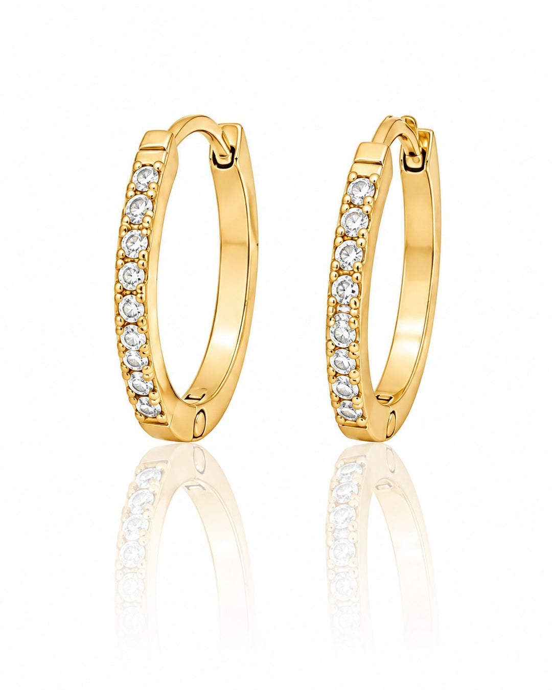 Elli Jewellery gold plated hoop earrings featuring a row of clear pavé crystals with a secure hinged closure.