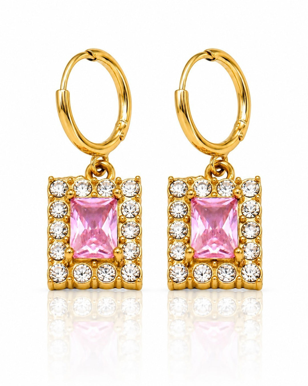 Elli Jewellery gold plated huggie hoop earrings featuring a rectangular pink cubic zirconia stone with clear crystals.