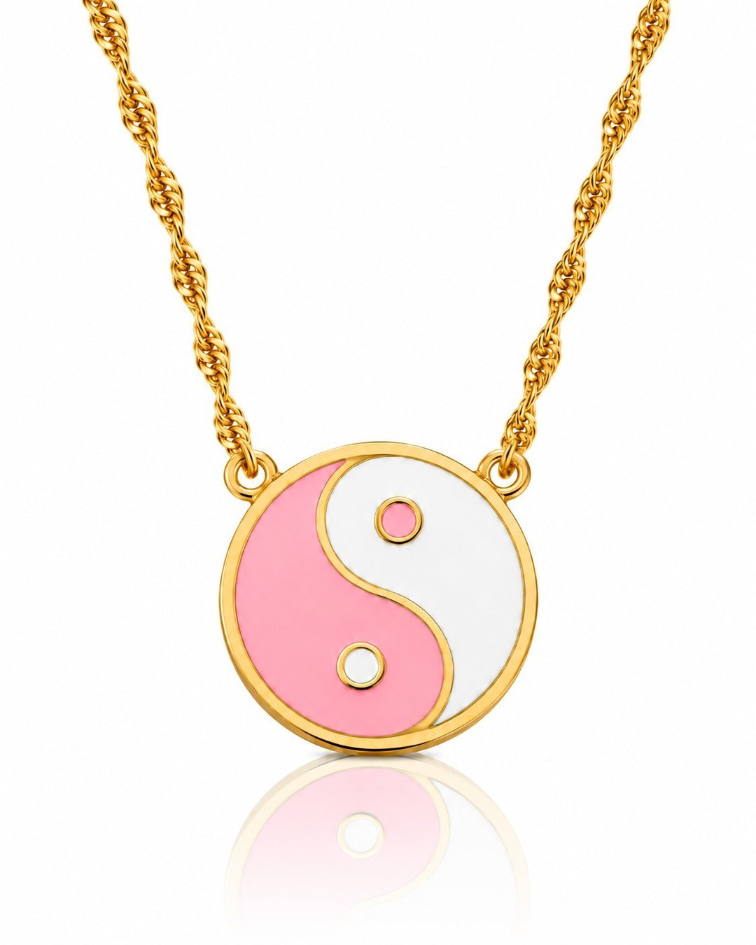 Elli Jewellery gold plated yin yang pendant necklace with pink and white enamel on a delicate twisted chain