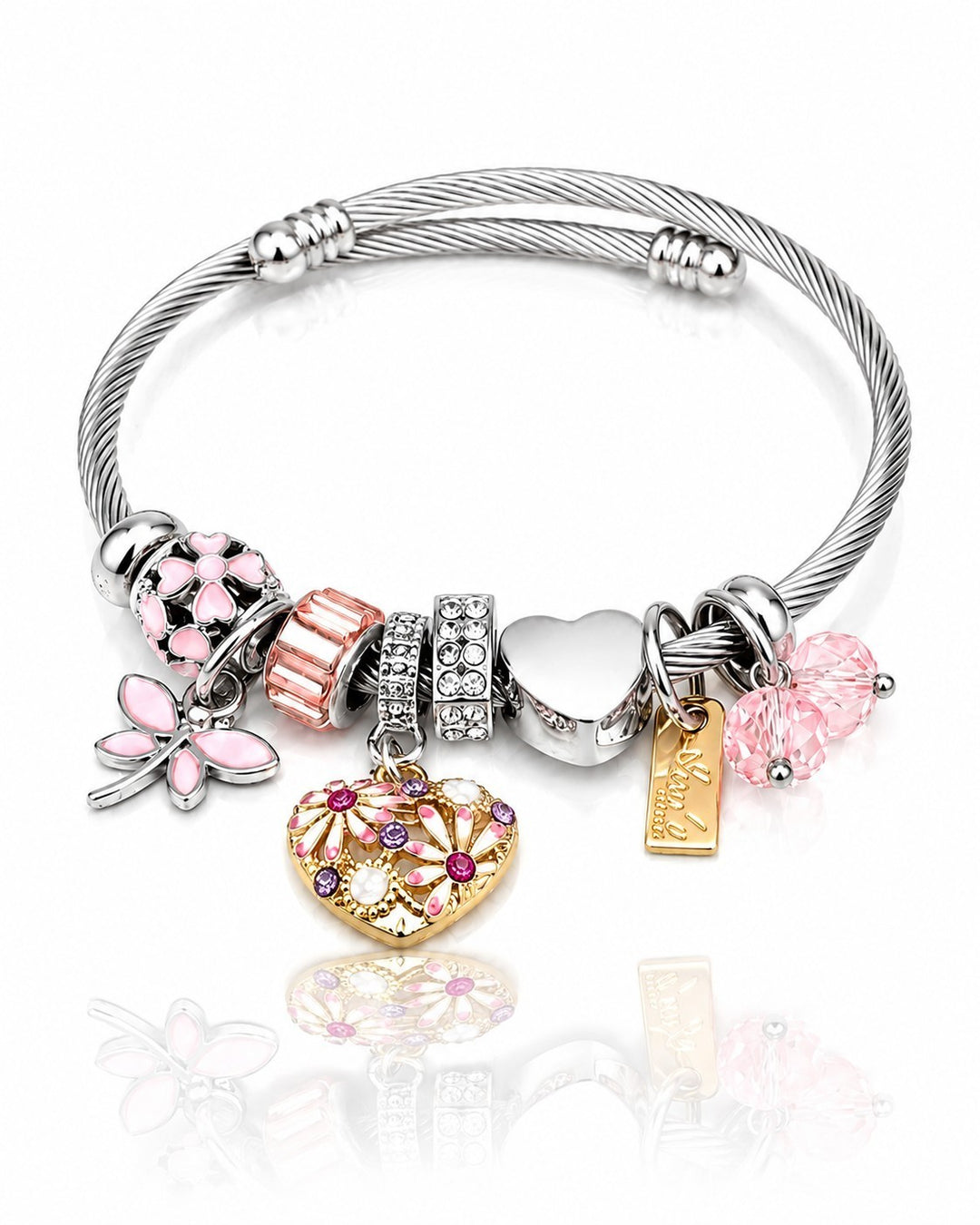 Elli Jewellery rhodium plated charm bangle with pink floral heart, crystal beads, and butterfly charms on silver wire