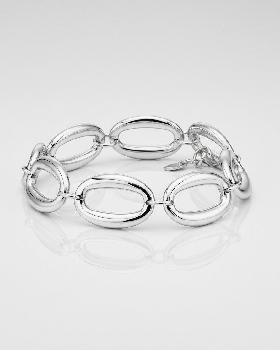 Elli Jewellery rhodium plated chunky chain link bracelet with polished silver-toned oval links on a white background.