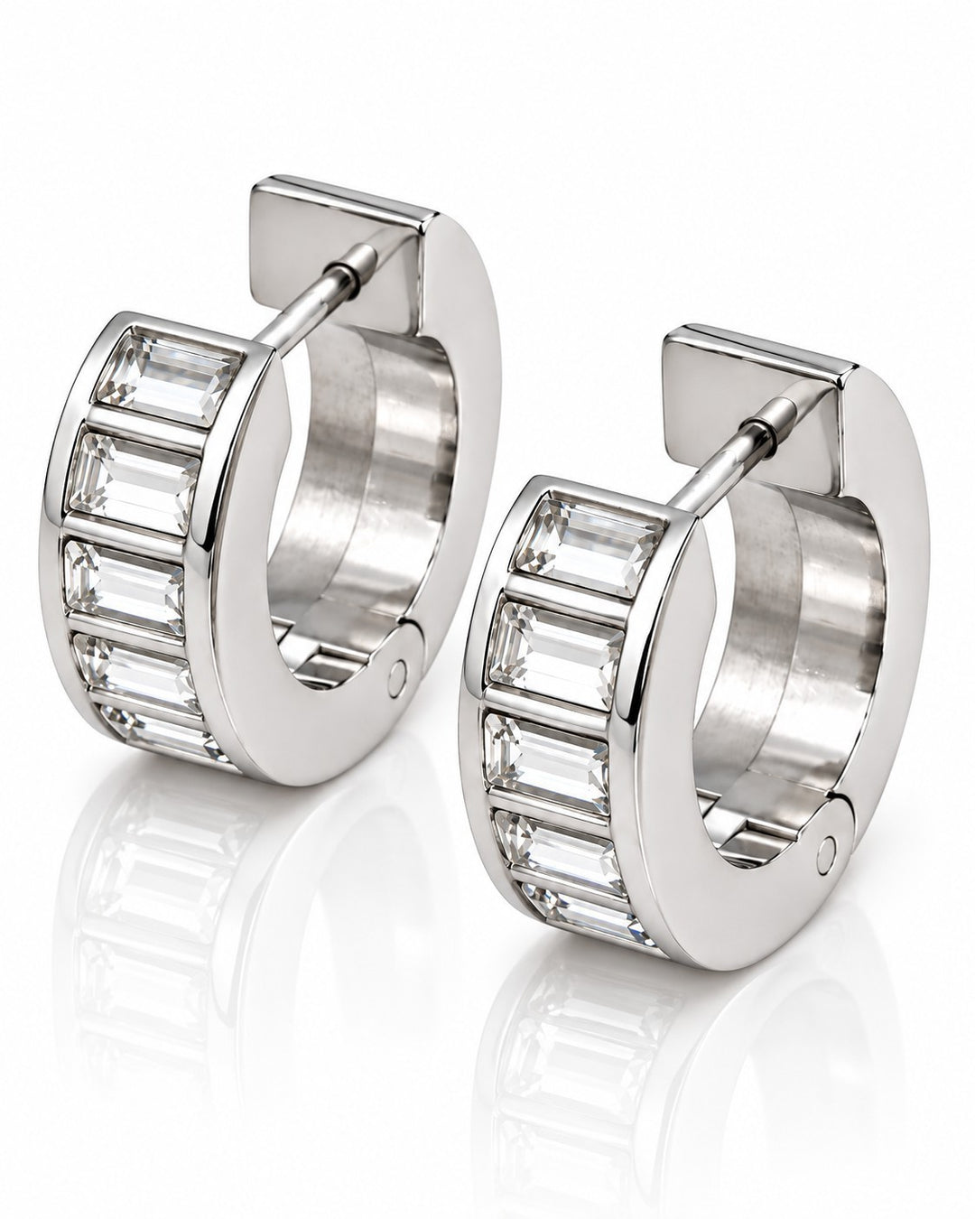 Elli Jewellery rhodium plated hoop earrings featuring baguette cut diamante crystals in a polished silver finish