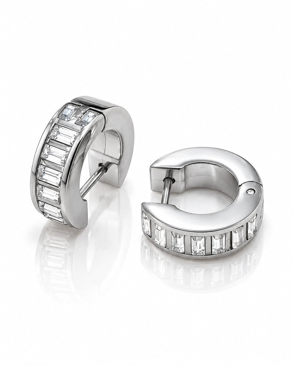 Elli Jewellery rhodium plated hoop earrings featuring a row of sparkling baguette cut diamante stones