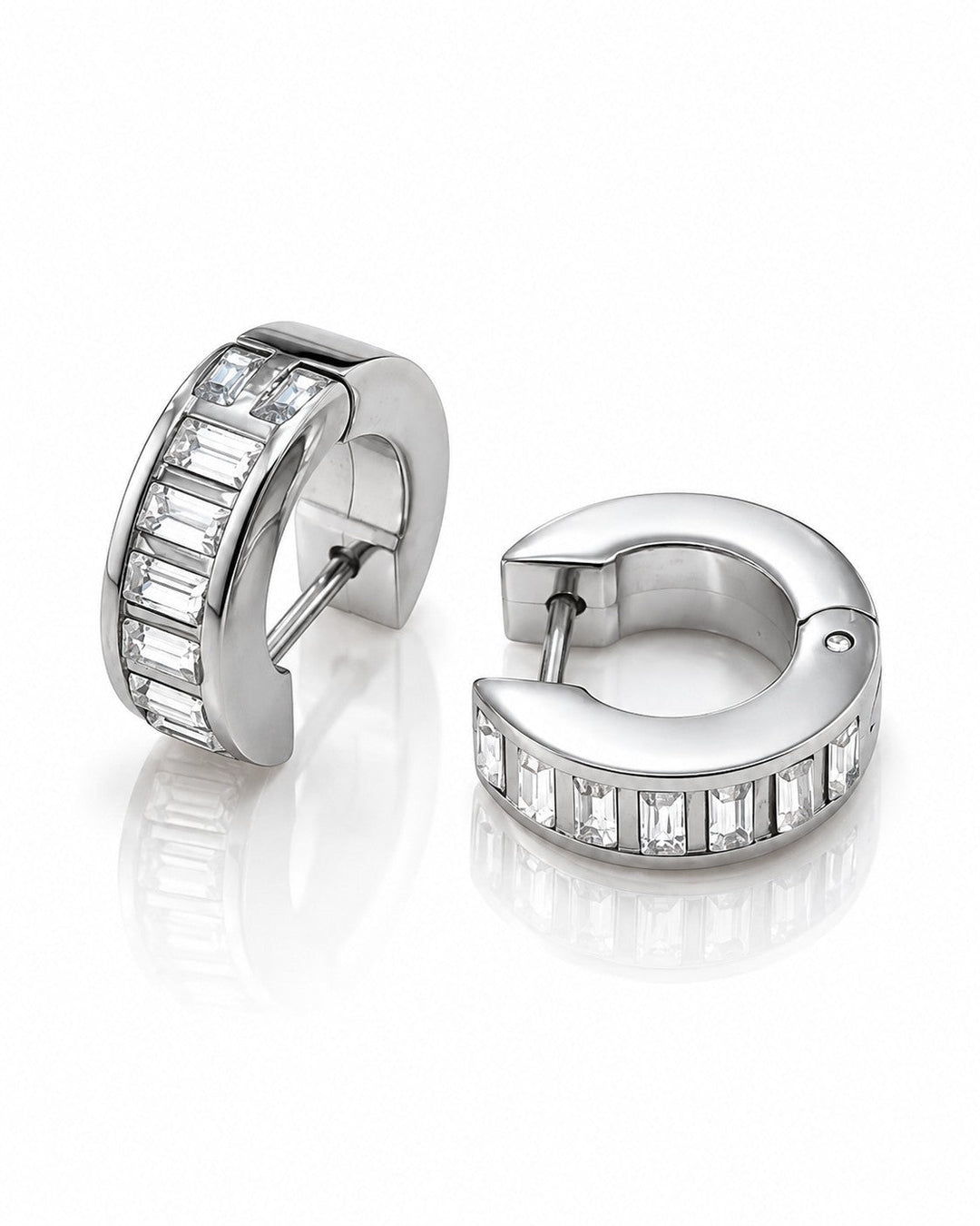 Elli Jewellery rhodium plated hoop earrings featuring a row of sparkling baguette cut diamante stones