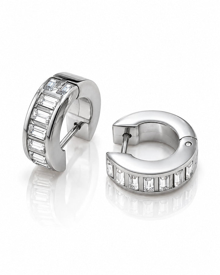 Elli Jewellery rhodium plated hoop earrings featuring a row of sparkling baguette cut diamante stones
