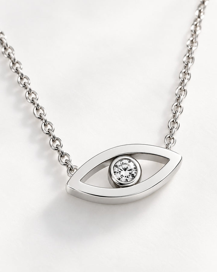 Elli Jewellery rhodium plated evil eye pendant necklace featuring a central shimmering cubic zirconia stone