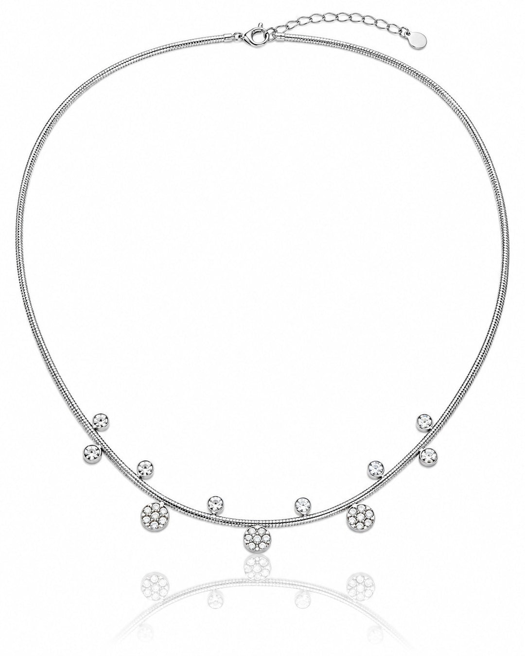 Elli Jewellery rhodium plated necklace featuring delicate flower and crystal charms on a sleek silver snake chain.