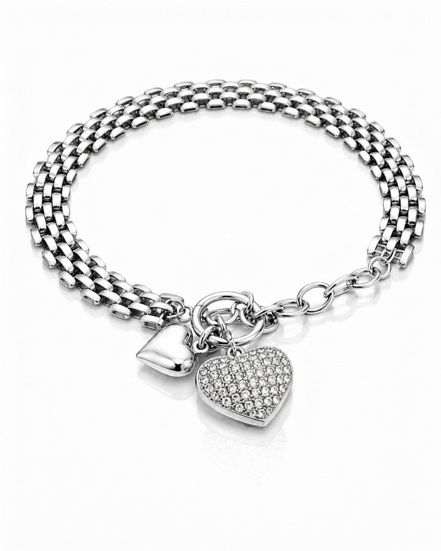 Elli Jewellery rhodium plated waterproof chain bracelet featuring a crystal-encrusted heart charm and toggle clasp.