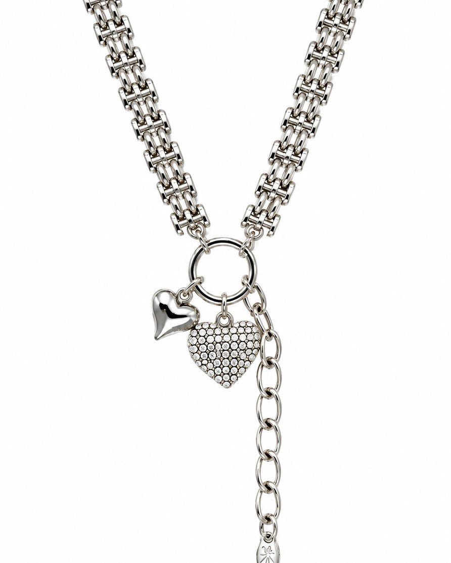 Elli Jewellery rhodium plated heart pendant necklace with a pavé crystal heart and a polished silver heart charm.