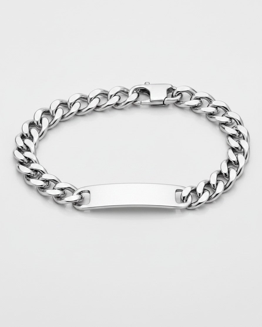 Elli Jewellery rhodium plated waterproof ID bracelet featuring a polished silver tone curb chain and bar pendant.